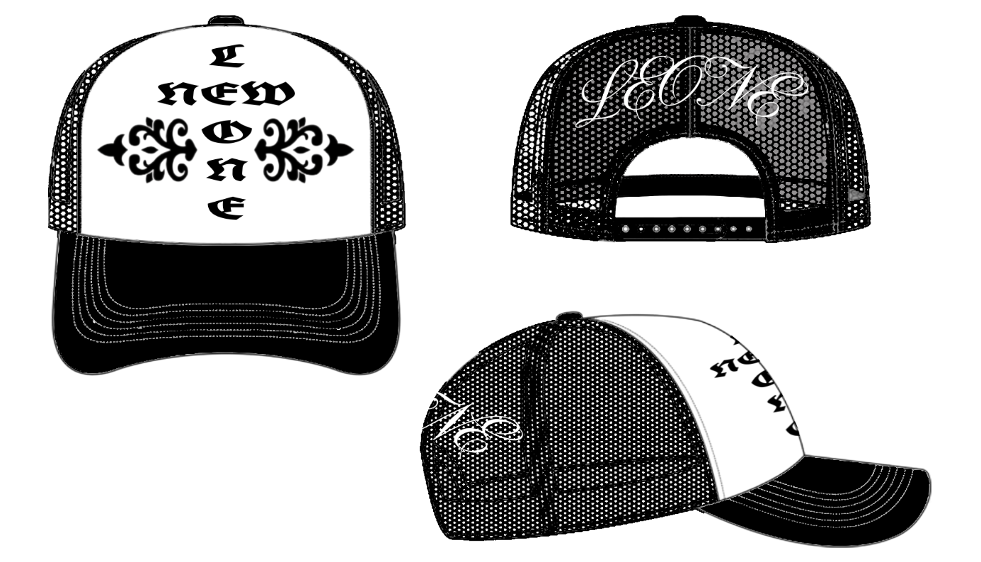 New Leone Trucker Hat — front, back, side technical view